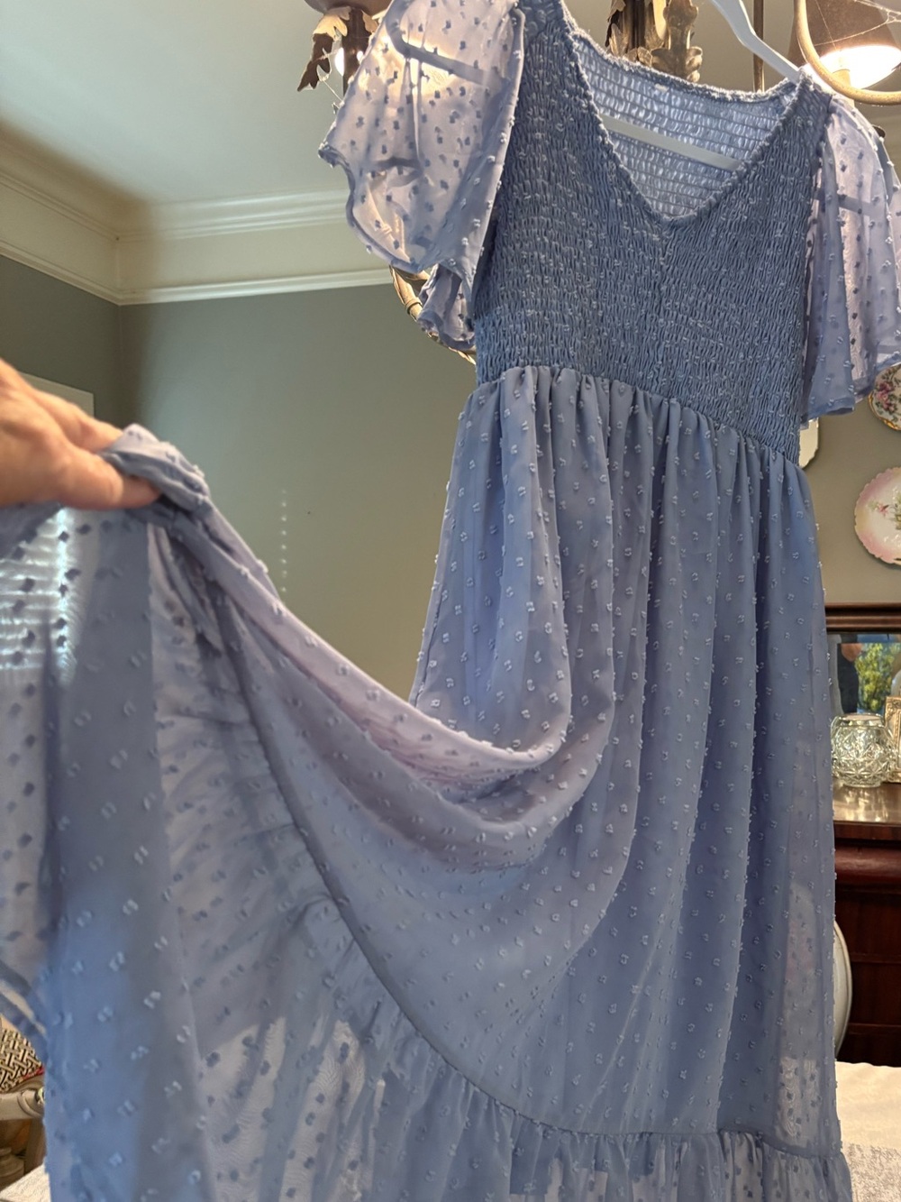 Maternity Blue Swiss Dot Smocked Bodice Midi Dress - Picture 4 of 9